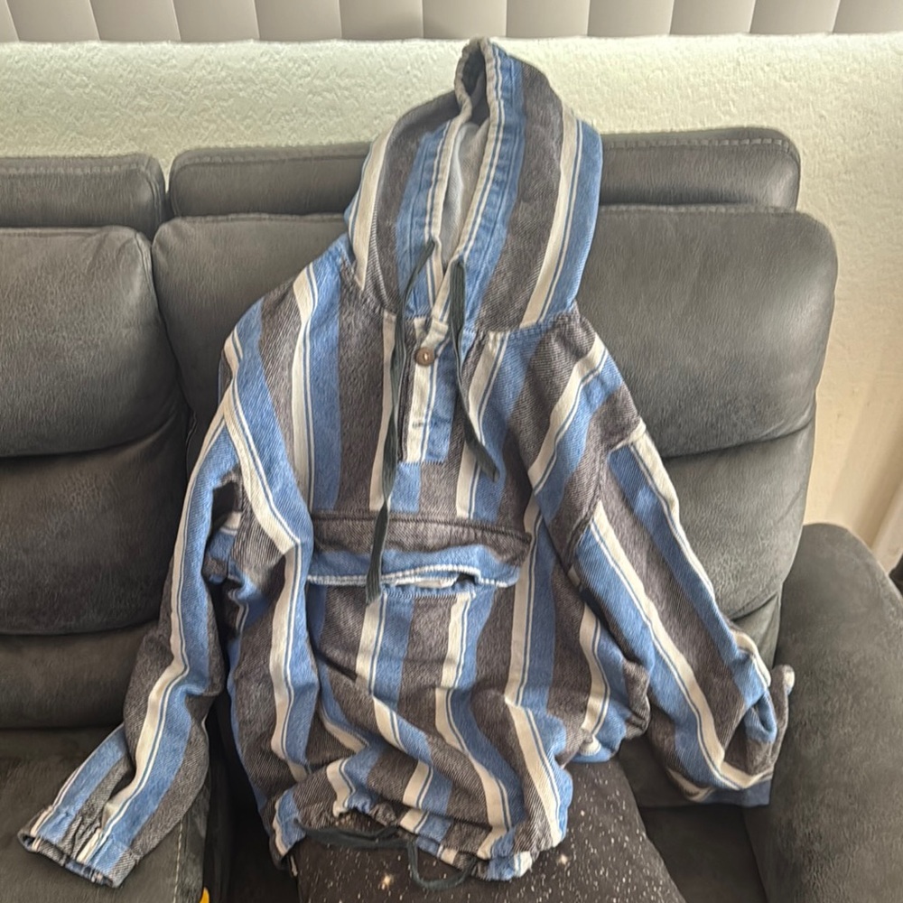 Stussy Blue and Gray Striped Crewneck Sweater